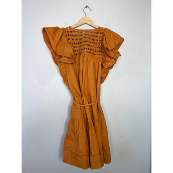 NEW Scarlett Poppies Belted Origami Yoke Tiered Ishrant Mini Dress Orange XS - Picture 6 of 7